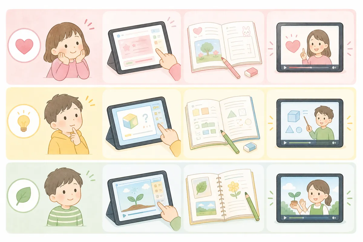 タブレット・紙・動画の学習タイプのイメージ