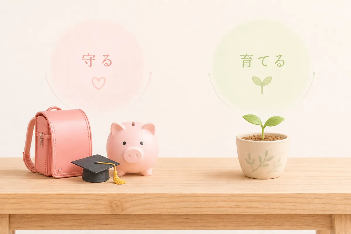 学資保険と新NISAの違いをイメージした貯金箱と鉢植え
