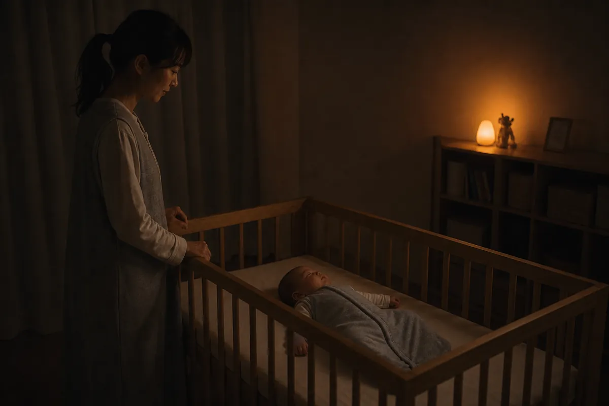 スリーパーを着てベビーベッドであおむけに眠る赤ちゃんと見守るママ