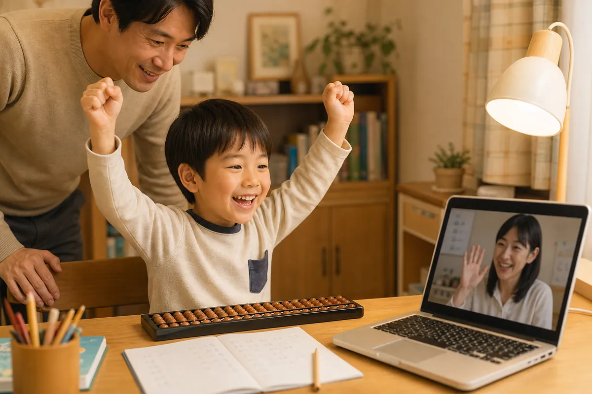 オンラインそろばんのレッスンで喜ぶ男の子とパパ