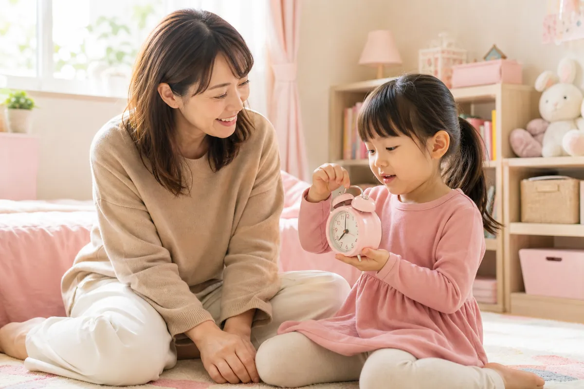 目覚まし時計の止め方を一緒に練習するママと女の子