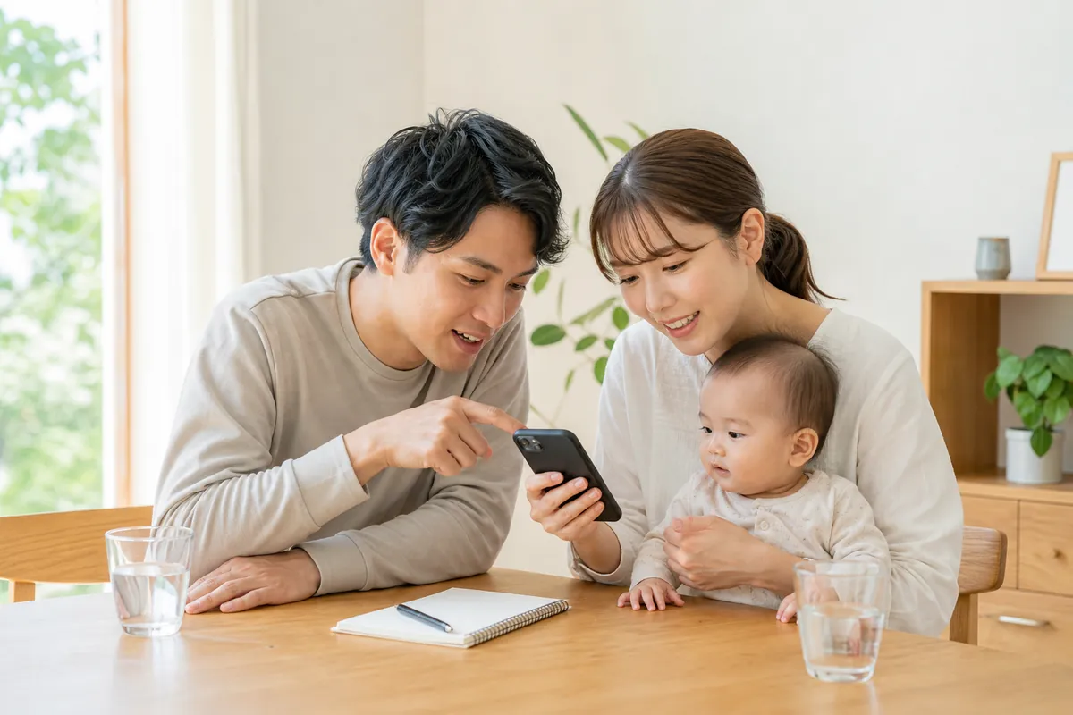 ウォーターサーバーの契約について話し合う夫婦と赤ちゃん