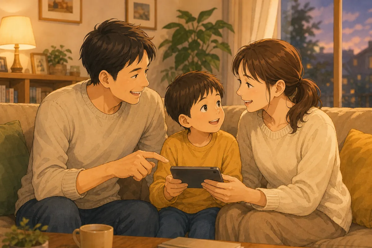 見守り端末の使い方を親子で話し合う様子