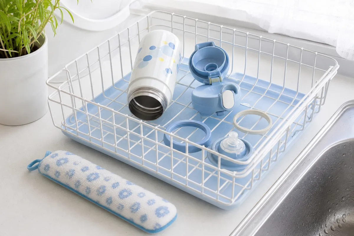 分解して乾かしている水筒の部品
