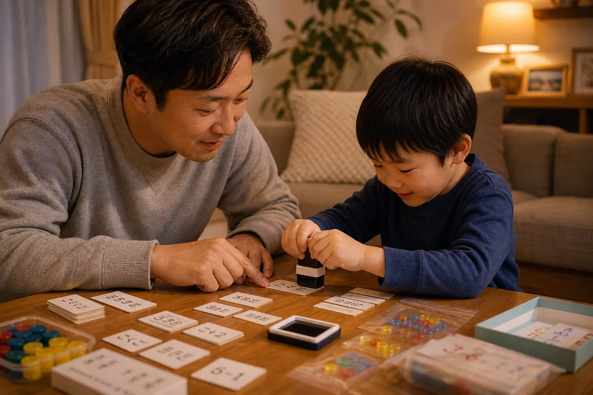 親子で算数セットにお名前スタンプを押している様子