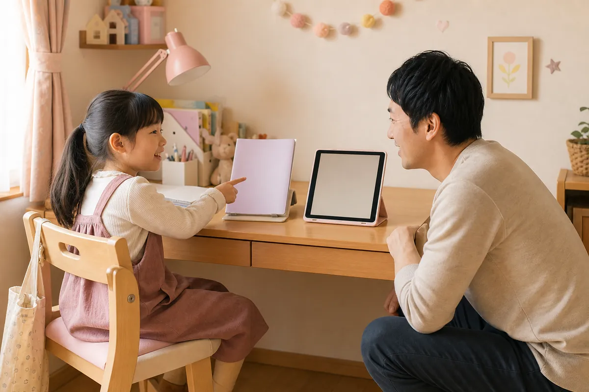 お試し教材を体験して自分で選ぶ小学生とパパ
