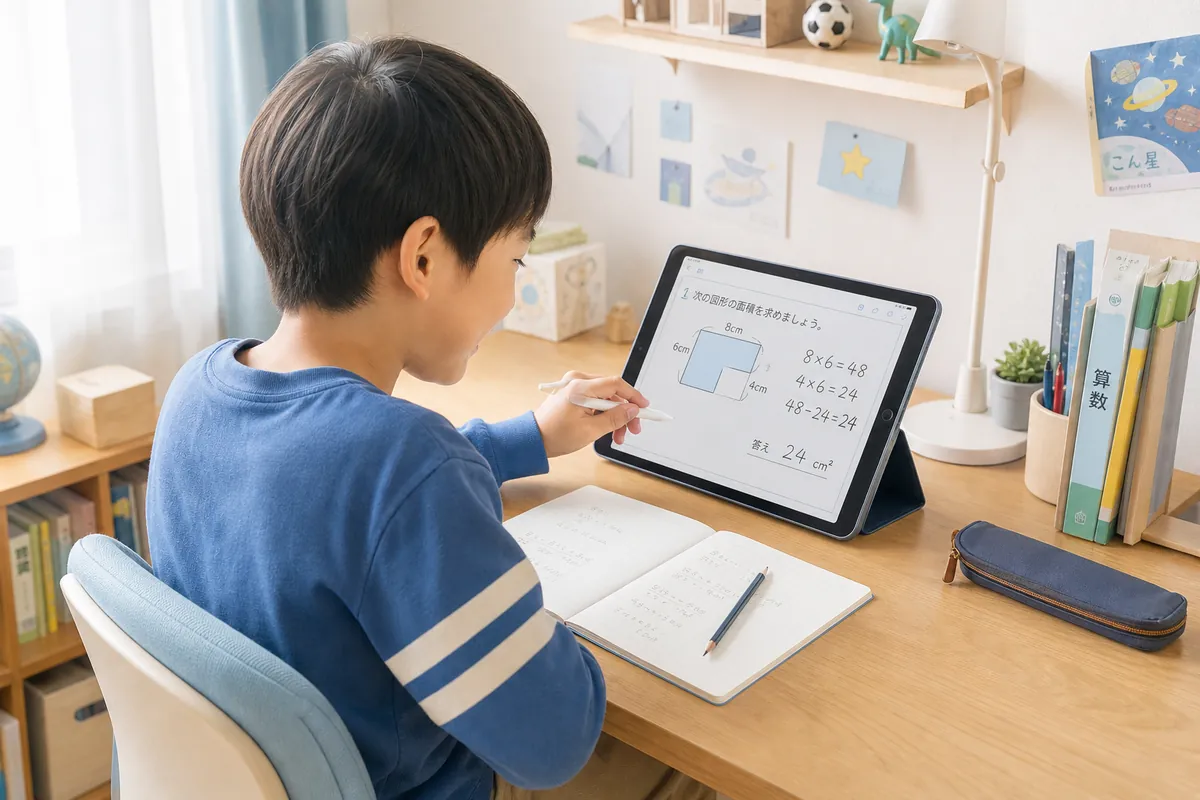 タブレットで算数の問題が解けて喜ぶ小学生