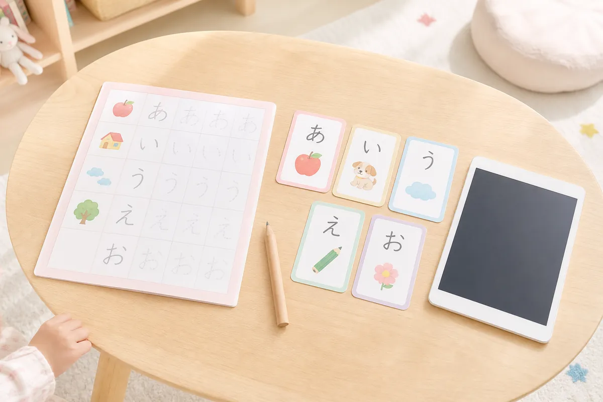 テーブルに並んだひらがなドリルやカードなどの教材