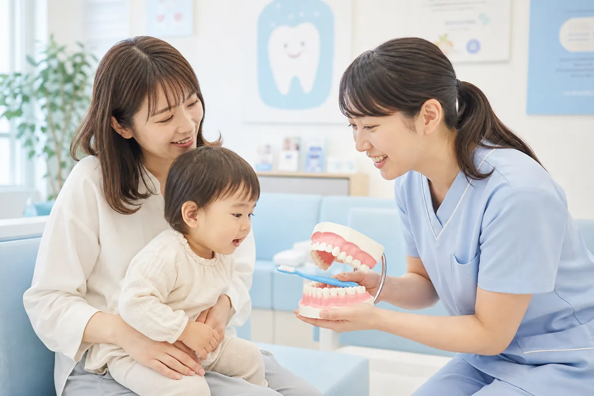 歯科で歯の模型を見せてもらう2歳の子どもとママ