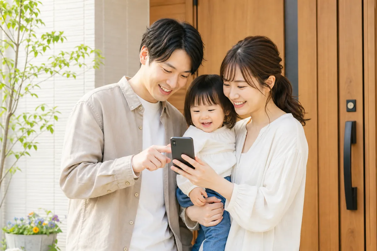 夫婦でスマホを見ながら家計を相談する様子