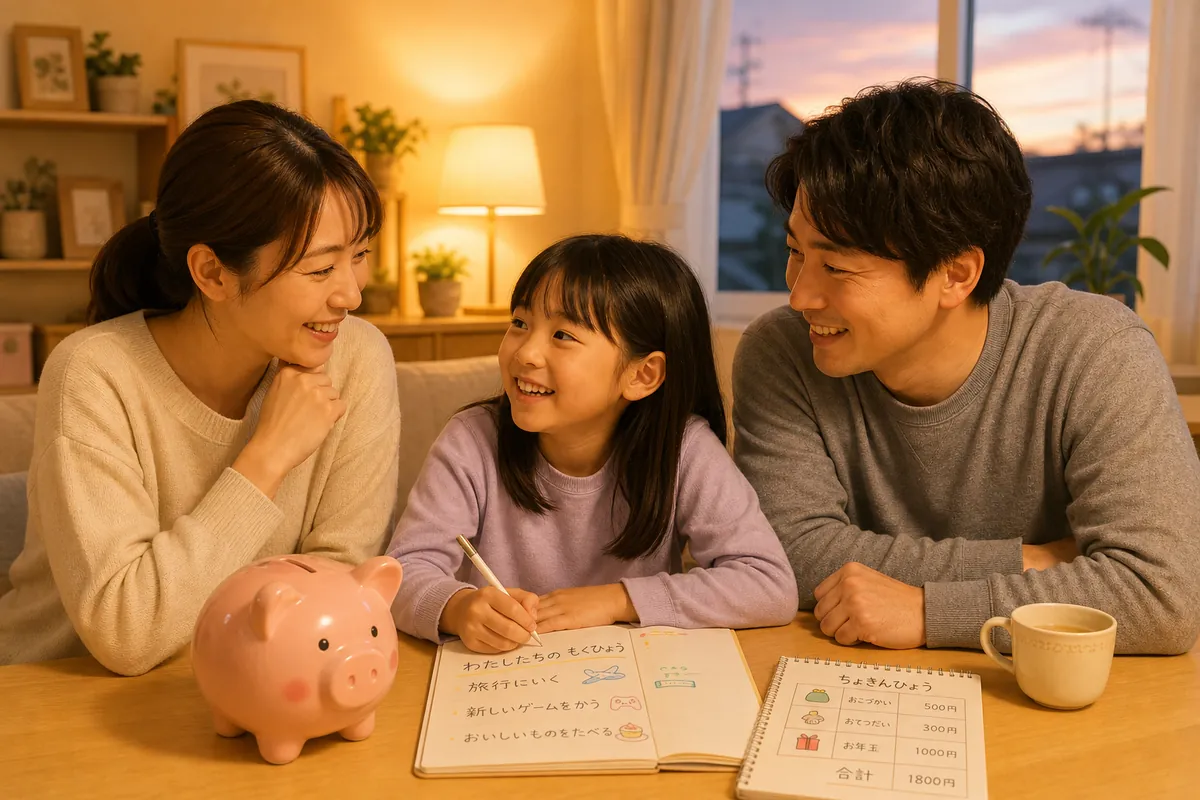 貯金箱を前に話し合う家族
