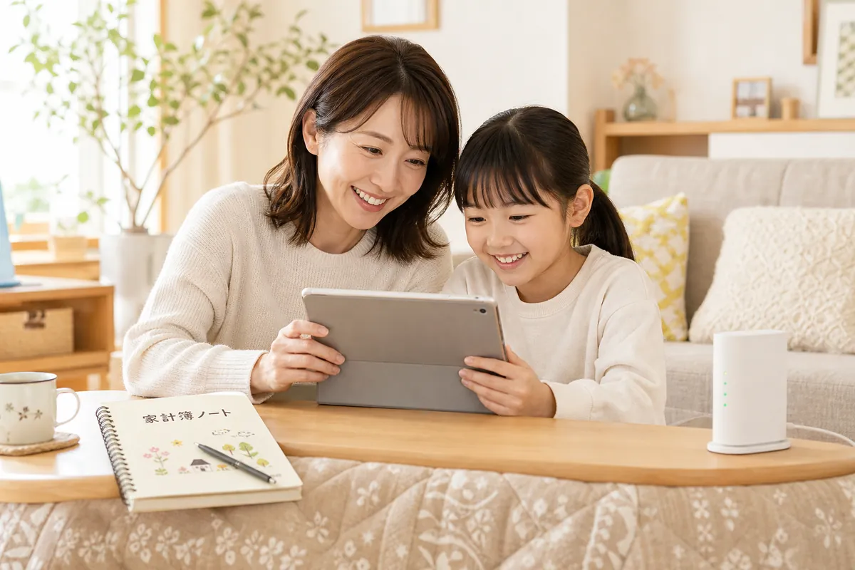 タブレットを一緒に見る親子と家計簿