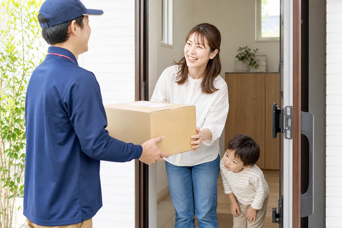 玄関で返礼品の荷物を受け取るママと子ども