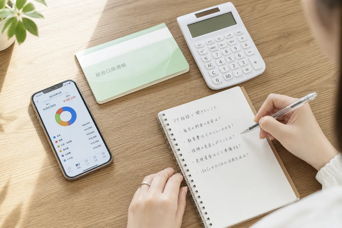 FP相談の前に家計の数字と質問をノートに整理している手元