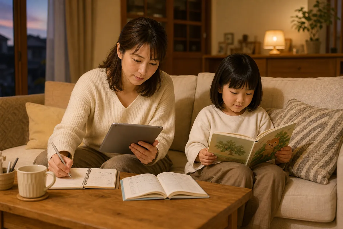 教育費の準備方法を調べるママと子ども