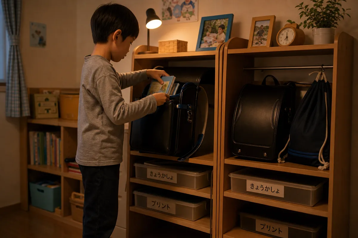 2人分のランドセルラックの前で翌日の準備をする小学生