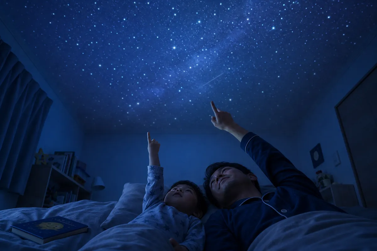 天井に映した星空を布団から見上げる男の子とパパ