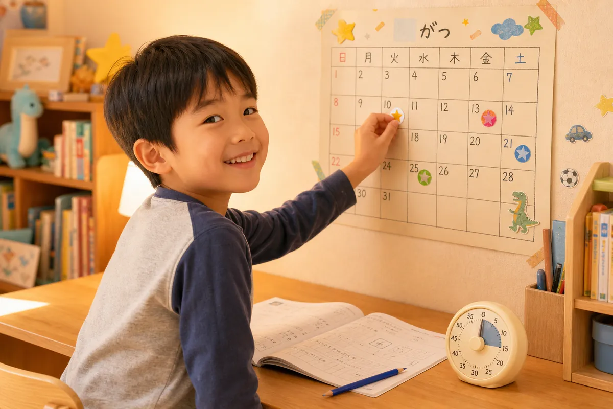 学習カレンダーにシールを貼る小学生